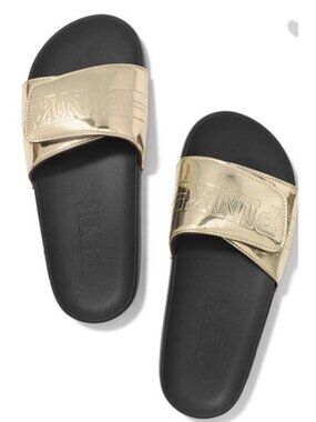 Nwt VS PINK Gold Velcro Slides